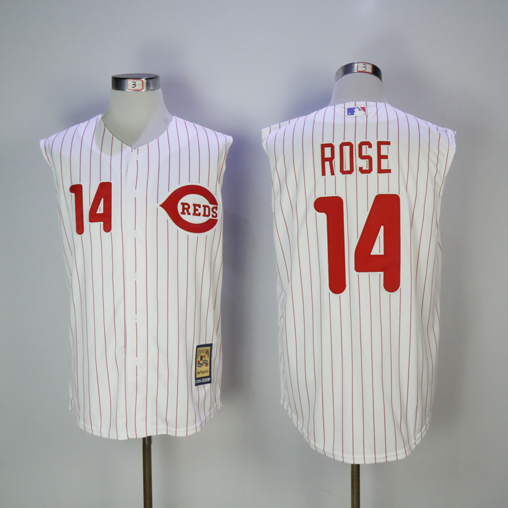 Men MLB Cincinnati Reds #14 Rose white Red Strips throwback jerseys